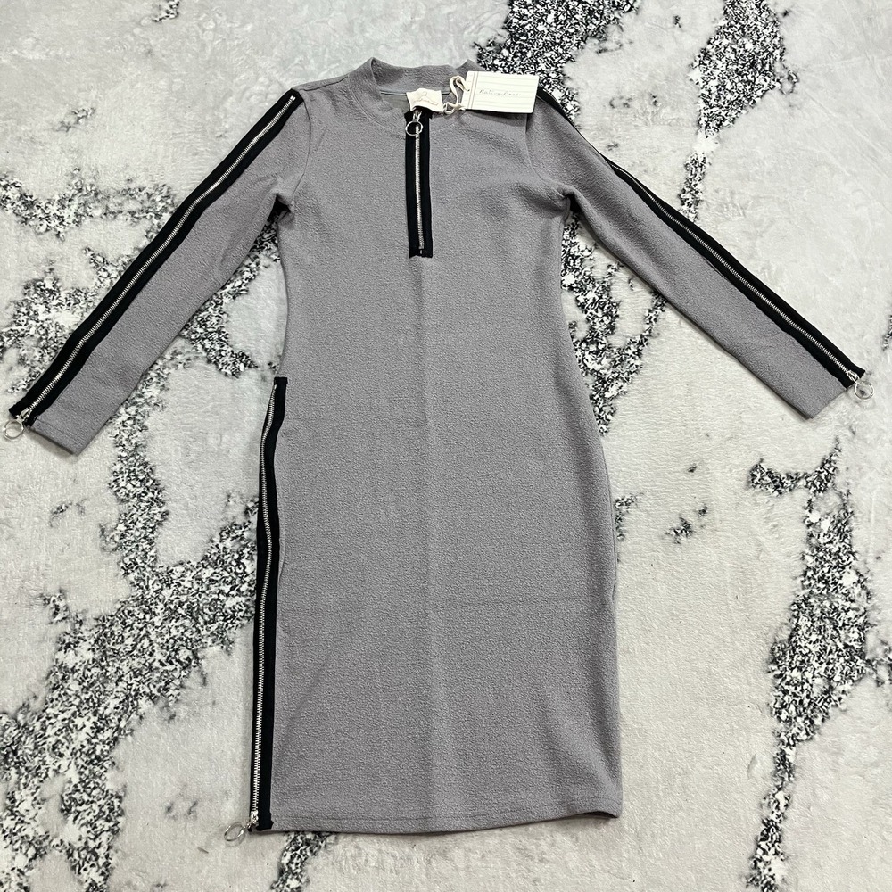 Native Rose Eliza Dress Womens Size Small Gray Midi Zip‎ Detail Long Sleeve NWT